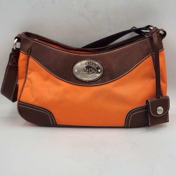 American Living Orange Brown Shoulder Bag Purse Faux Leather Trim Excellent - Picture 1 of 13